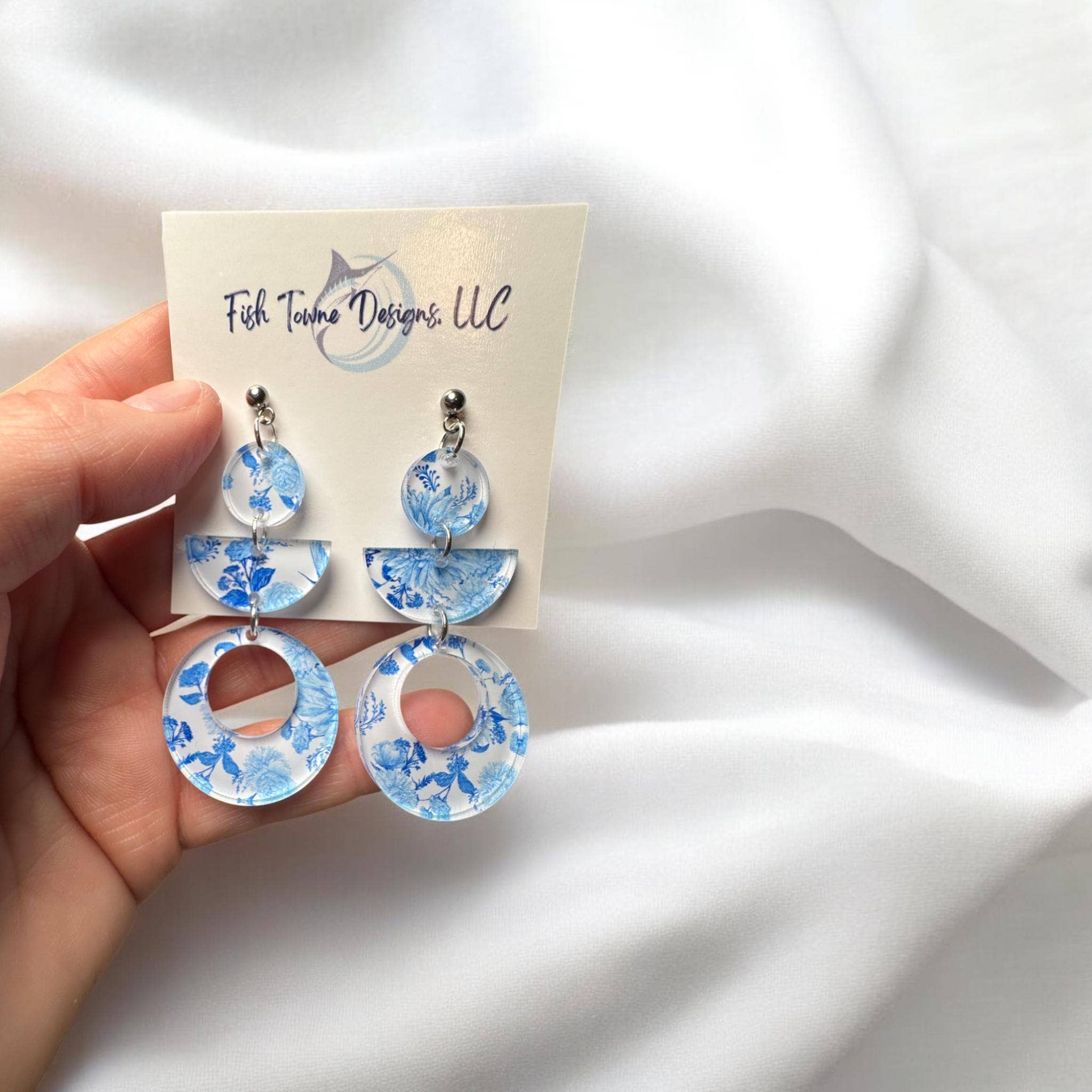 Fish Towne Designs, LLC - Wholesale Dangle Earrings - Santorini-Inspired Blue Floral Acrylic Statement Earrings2