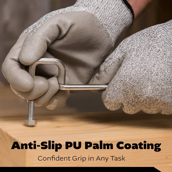 Kproduct4u - Wholesale Gloves - Unisex - Black Melange HPPE Blended Glove - Grey PU Palm coated (4 Sizes), 5ea3