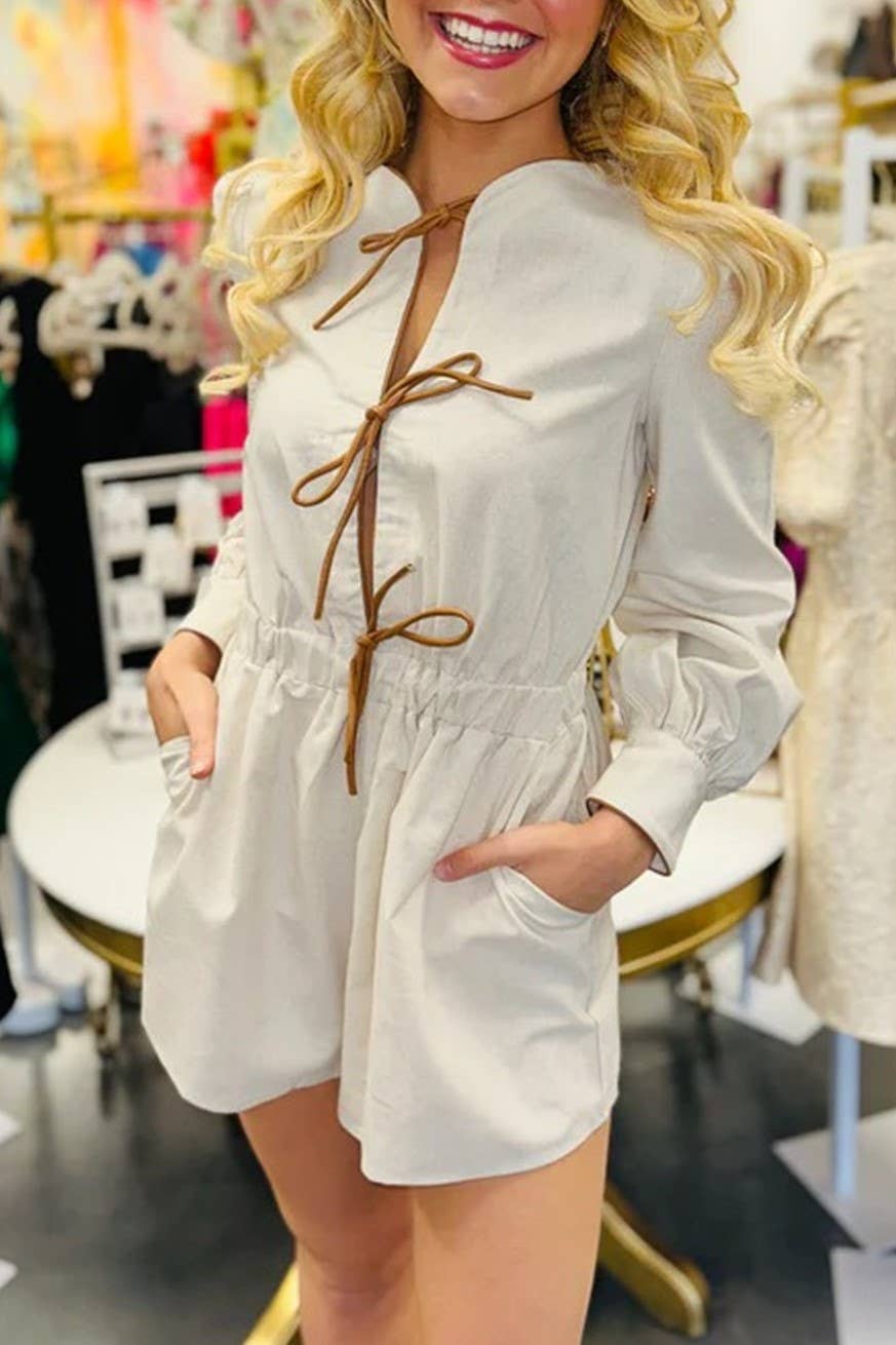 Rosa Clothing - Wholesale Romper - Women's - contrast bow tie front closure long sleeve romper9