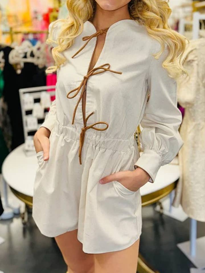 Rosa Clothing - Wholesale Romper - Women's - contrast bow tie front closure long sleeve romper9