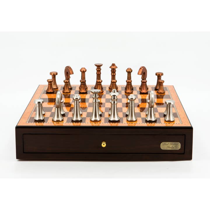 Chess Set Walnut Finish with Drawers & Metal Chessmen for wholesale by Dal Rossi Italy