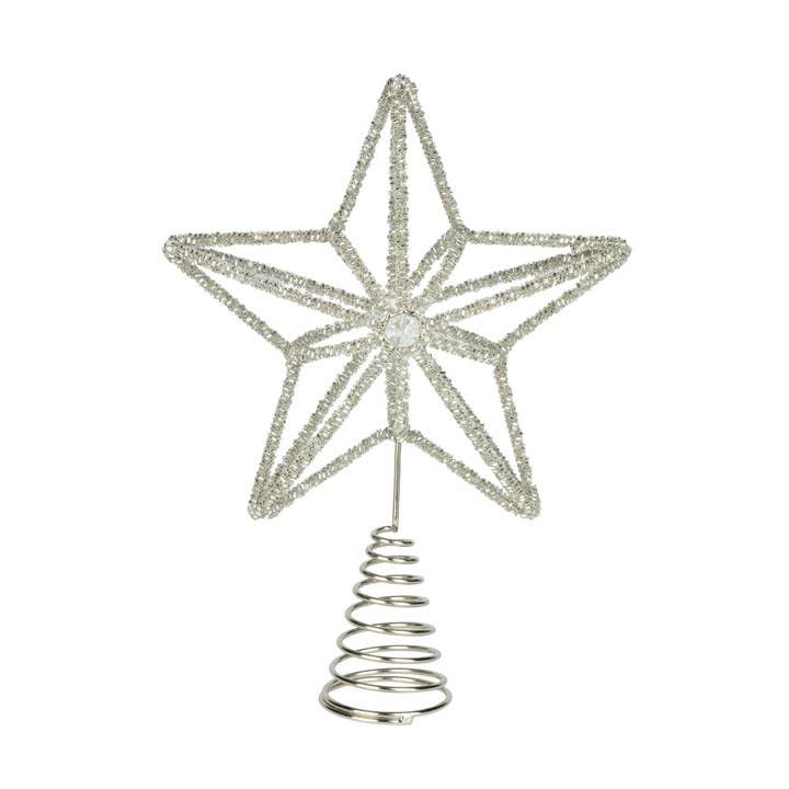 A80595: Clear gls bead star,slv wire trtppr,gls jewel,10.5in for wholesale by Silver Tree Home & Holiday