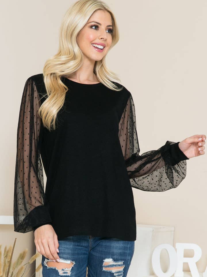 Mesh Dot Puff Sleeve Knit Top for wholesale by Orange Farm Clothing