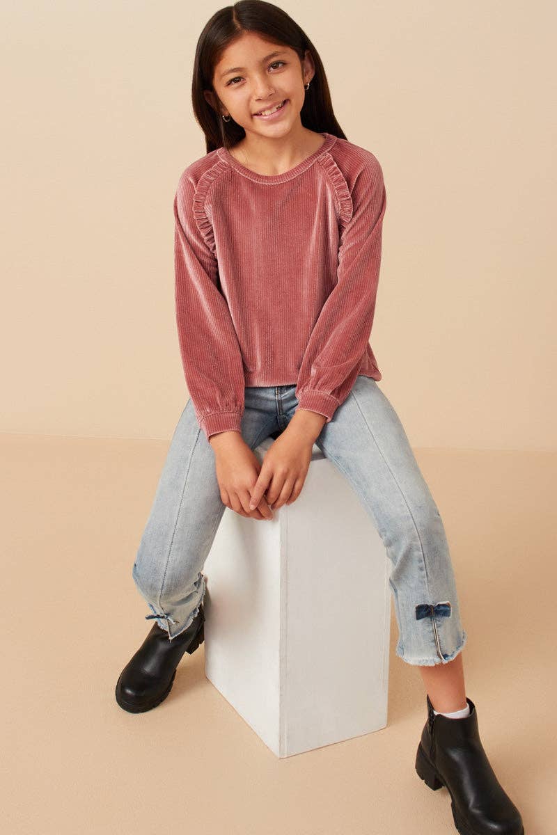 Mauve Haut côtelé à volants et couture raglan pour fille en vente sur Faire6