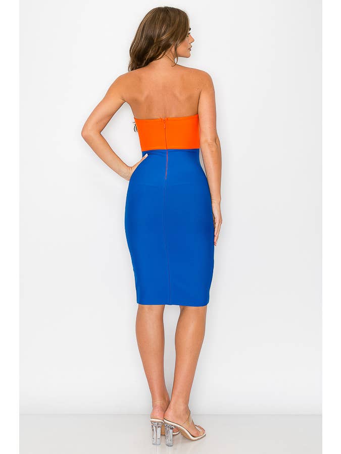 ORANGE/BLEU ROBE À BANDAGES À ÉPAULES DÉNUDÉES en vente sur Faire