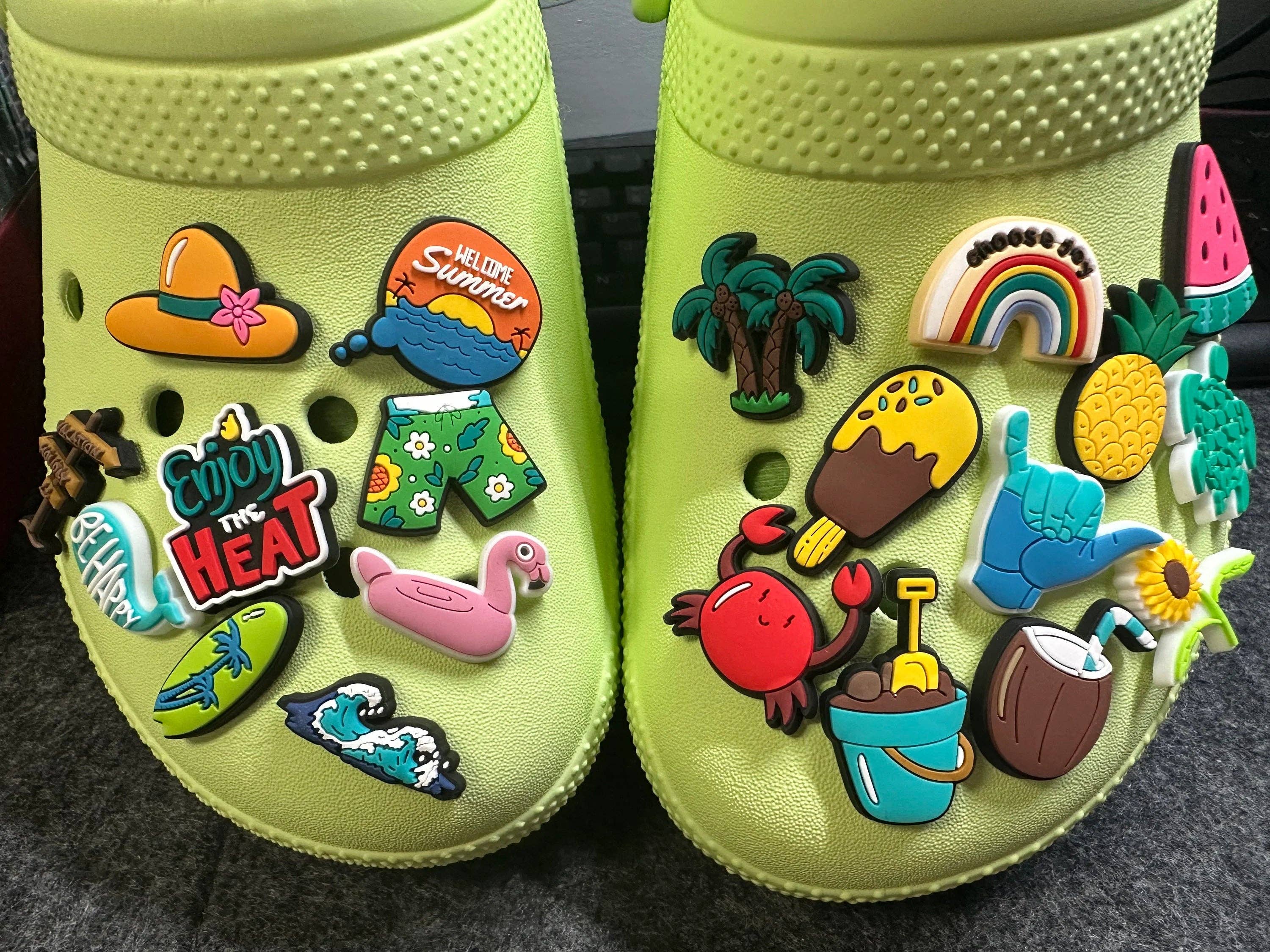 JuliesDecal – wholesale Shoe accessories – Hot Summer Theme Fancy shoe charms Vacation beach sand surfing and more7