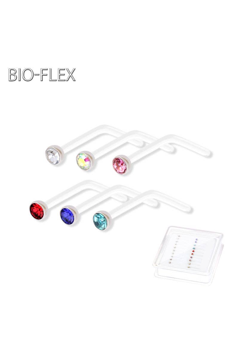 CRAVE - Wholesale Single Earring - 20 PC OF BIO-FLEX MIXED COLOR ROUND CZ L-SHAPE