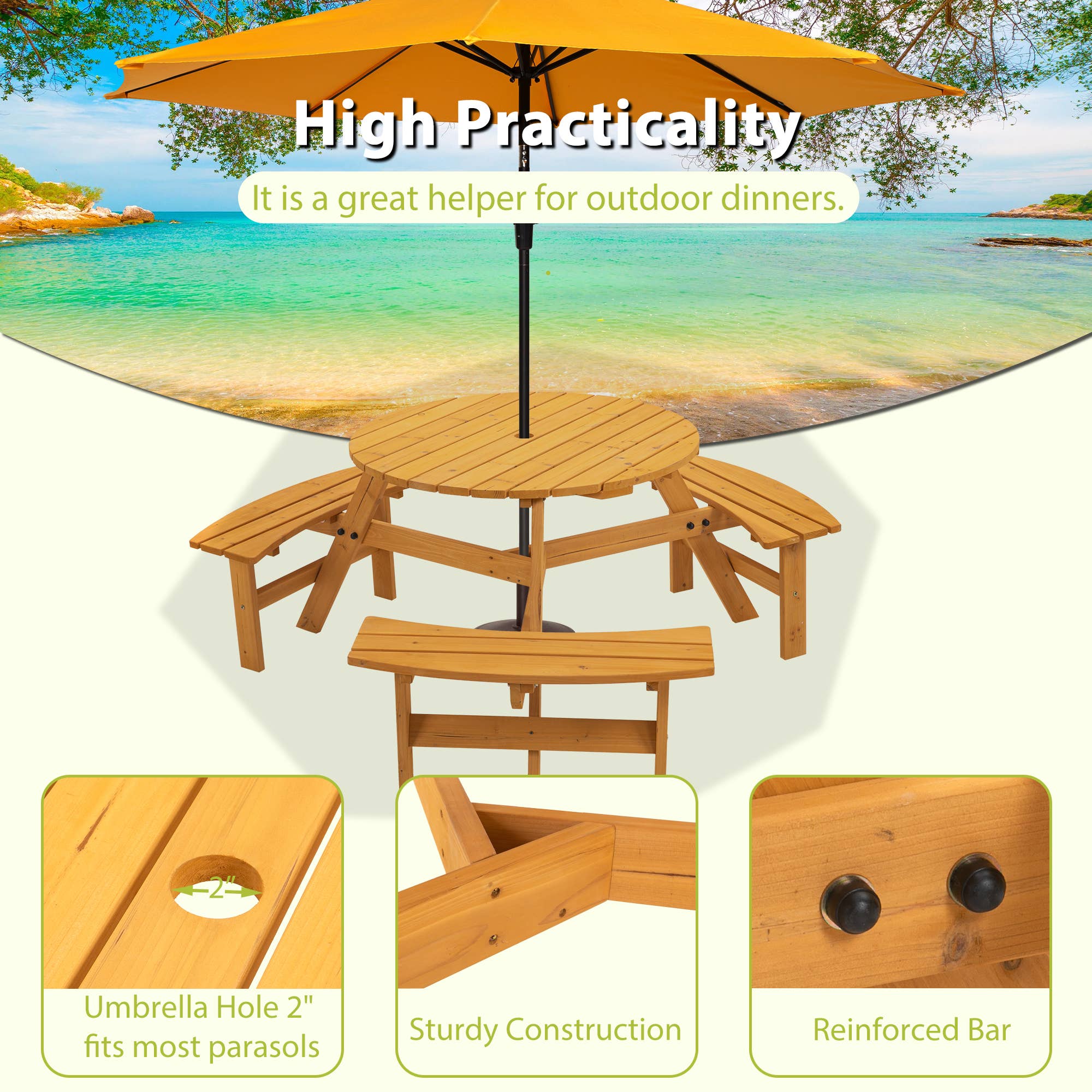 39F Inc. - Wholesale Patio Set - 6-Person Outdoor Wooden Picnic Table with Benches–Brown/Natu2