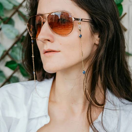 Gold Evil Eye Cross Greek Protection Summer Turkish Reading Eyeglass Lanyard for wholesale by The Colourful Aura