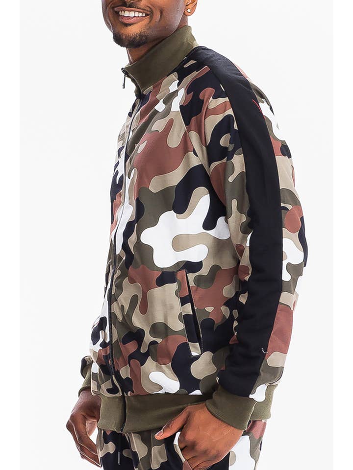 WEIV - Wholesale Athletic Jacket - Men's - Full Camo Track Single Side Stripe Track Jacket1