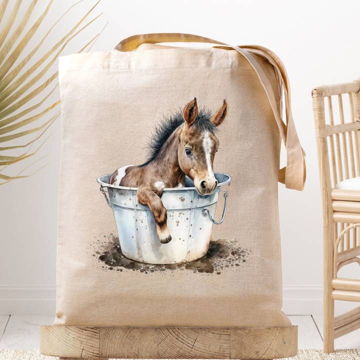 Baby Paint Hästföl i hink - Gård - Tygväska i duk för wholesale av Dark Horse Dream Designs LLC