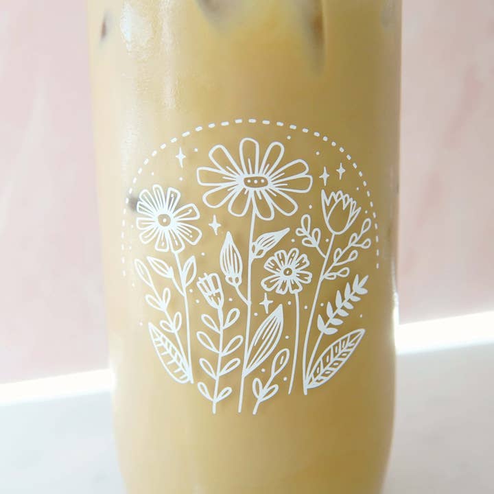 Forest Cove Home - Wholesale Drinking Glass/Cup - Wild Flowers Floral 22 oz Glass Tumbler + Top + Straw