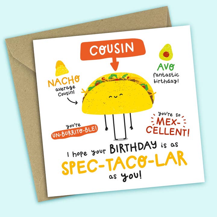 Carte d'anniversaire amusante • Anniversaire spectaculaire • Jeu de mots sur la cuisine mexicaine • Pour cousin pour la vente par Twisted Haggis