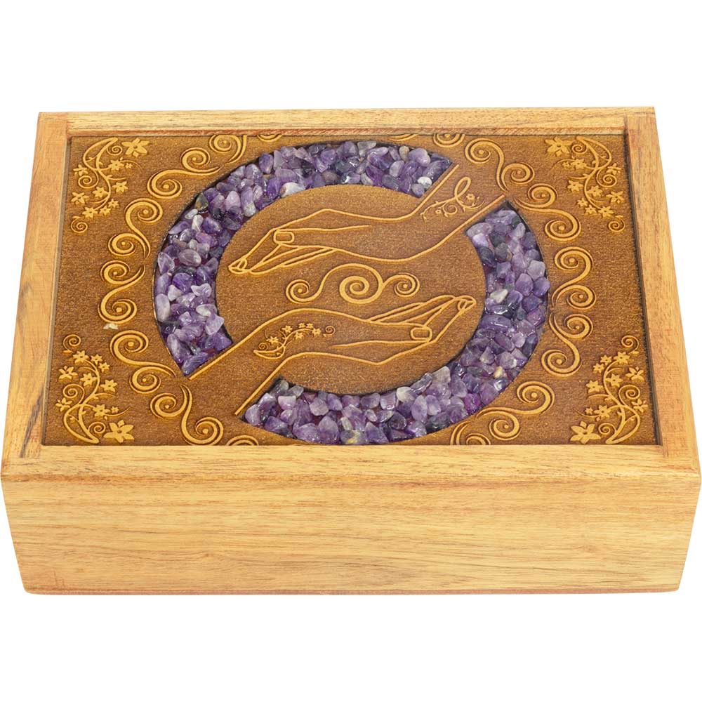 Kheops International inc. - Wholesale Decorative Box - Laser-Etched Wood Box with Amethyst Healing Hands0