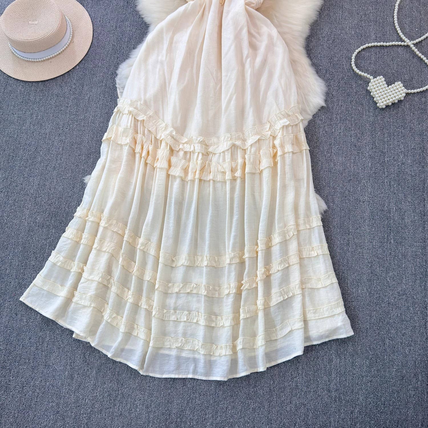 beige BOHO Beach Resort ruffle halter large swing flare maxi dress for wholesale on Faire3