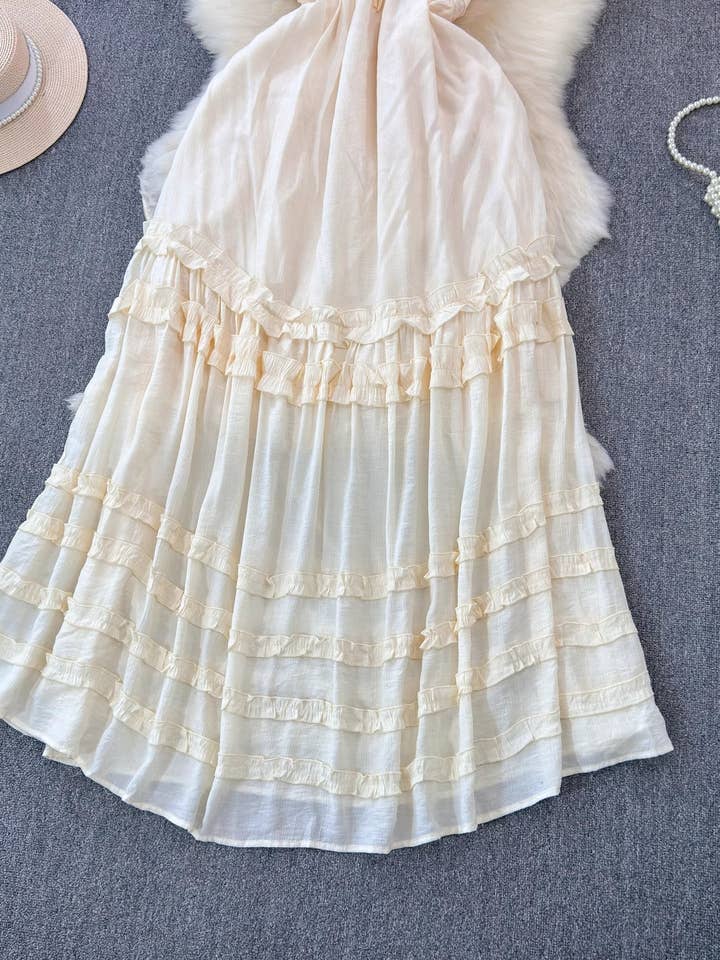 beige BOHO Beach Resort ruffle halter large swing flare maxi dress for wholesale on Faire3