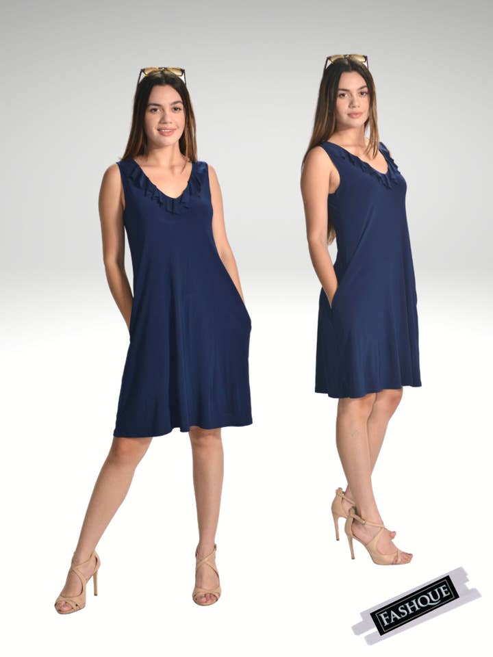 Robe débardeur style patineuse à col à volants avec dos carré et poche - D006 pour la vente par Fashque Designs