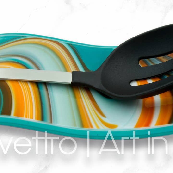 Mid-Mod Collection: Swirled Teal and Orange Glass Spoon Rest for wholesale by Evettro | Art in Glass