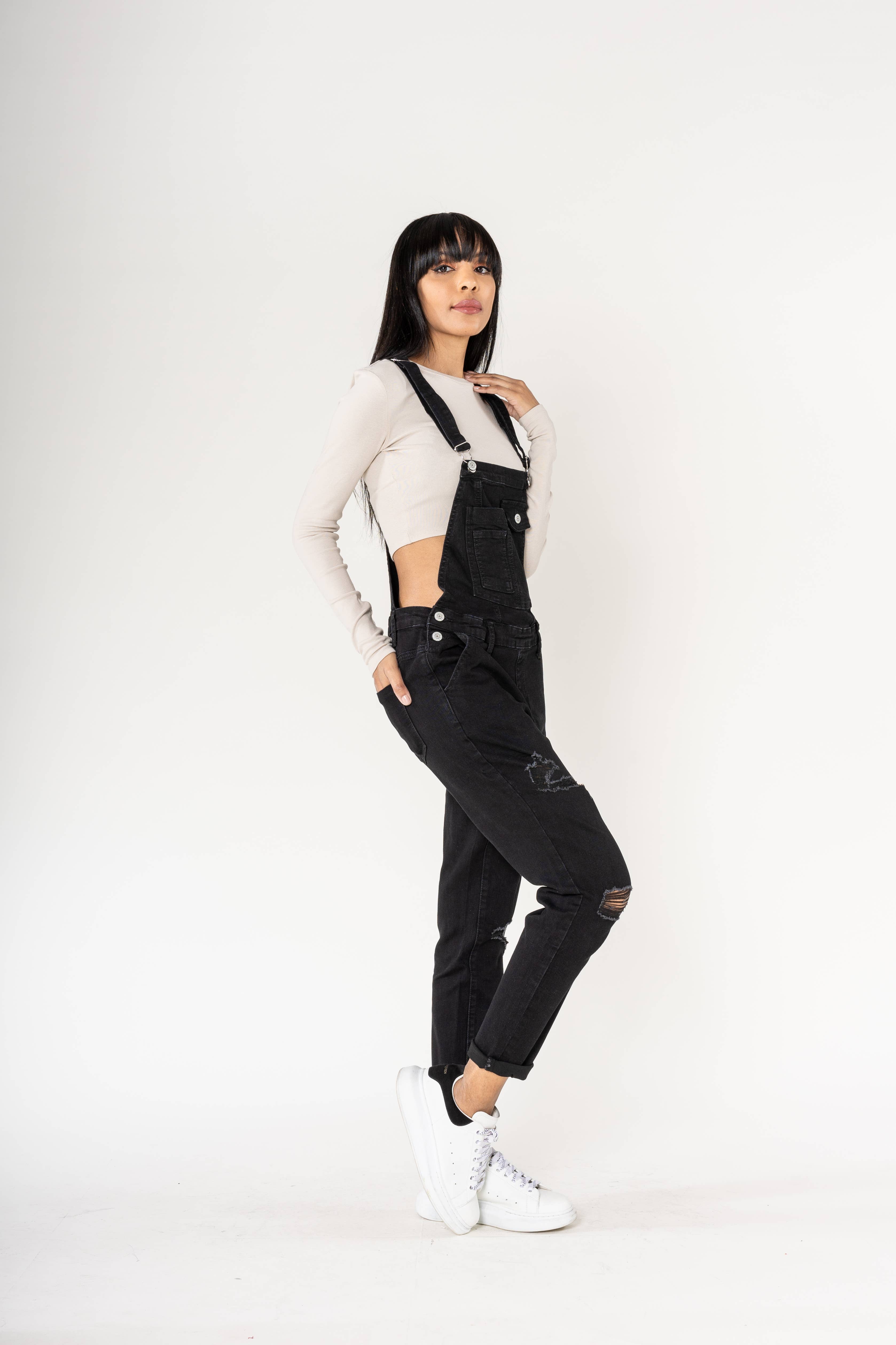 Nina Carter - Wholesale Overalls - Women's - Destroy denim overalls in wide stretch boyfriend jeans S5359