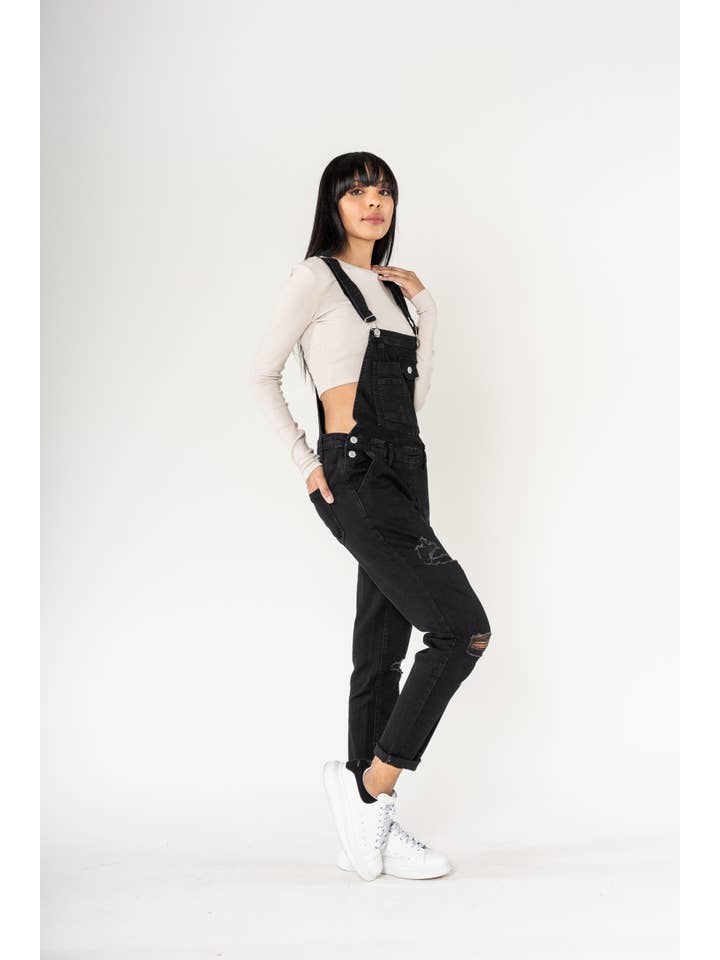 Nina Carter - Wholesale Overalls - Women's - Destroy denim overalls in wide stretch boyfriend jeans S5359