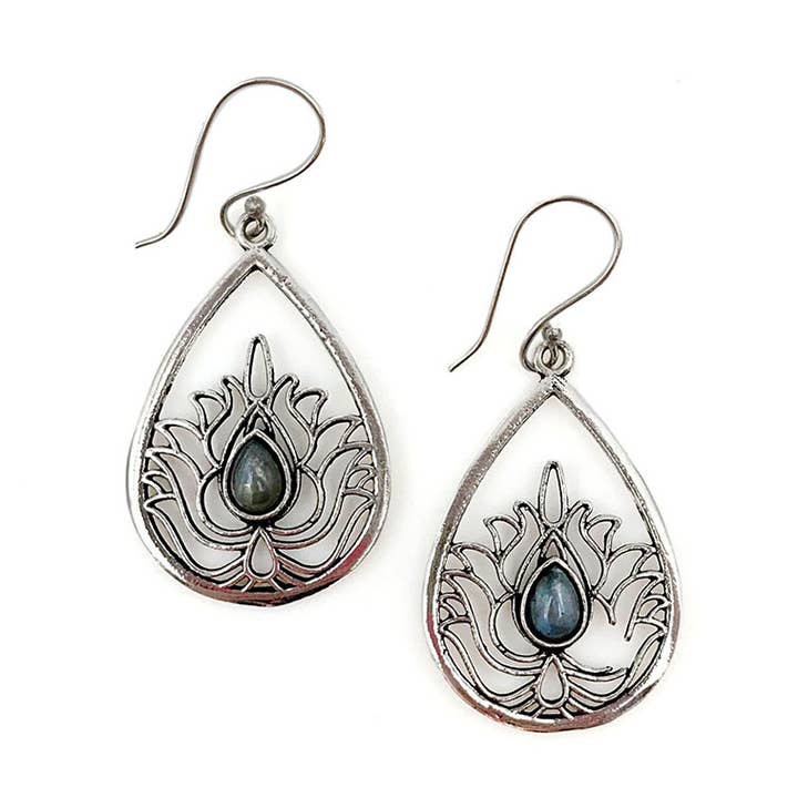 Anju Jewelry - Wholesale Dangle Earrings - Tanvi Silver-Plated & Labradorite Earrings - Lotus Teardrop0