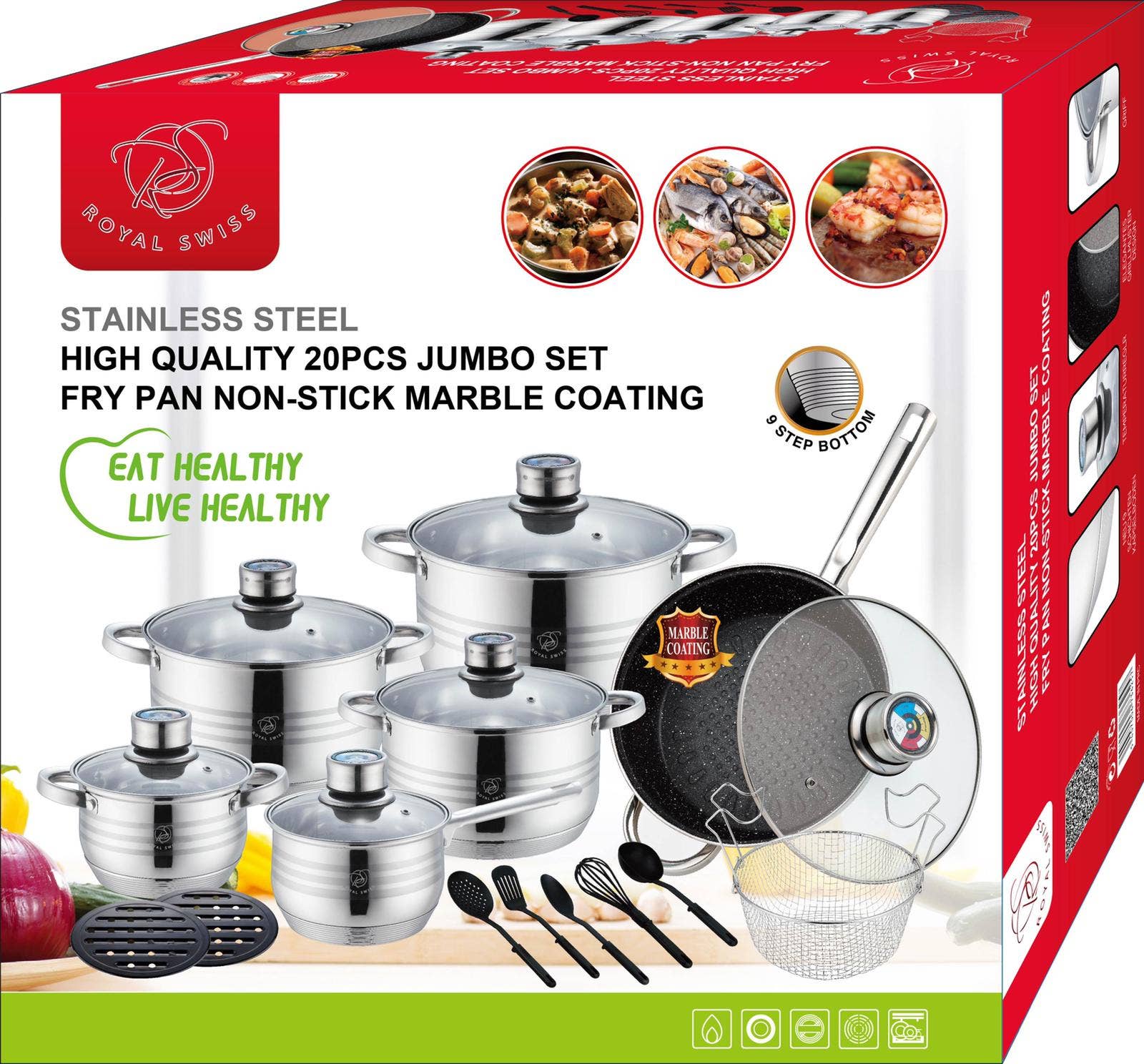 Royal Swiss – wholesale Cookware set – 20-Piece Stainless Steel Cookware Set - Jumbo1