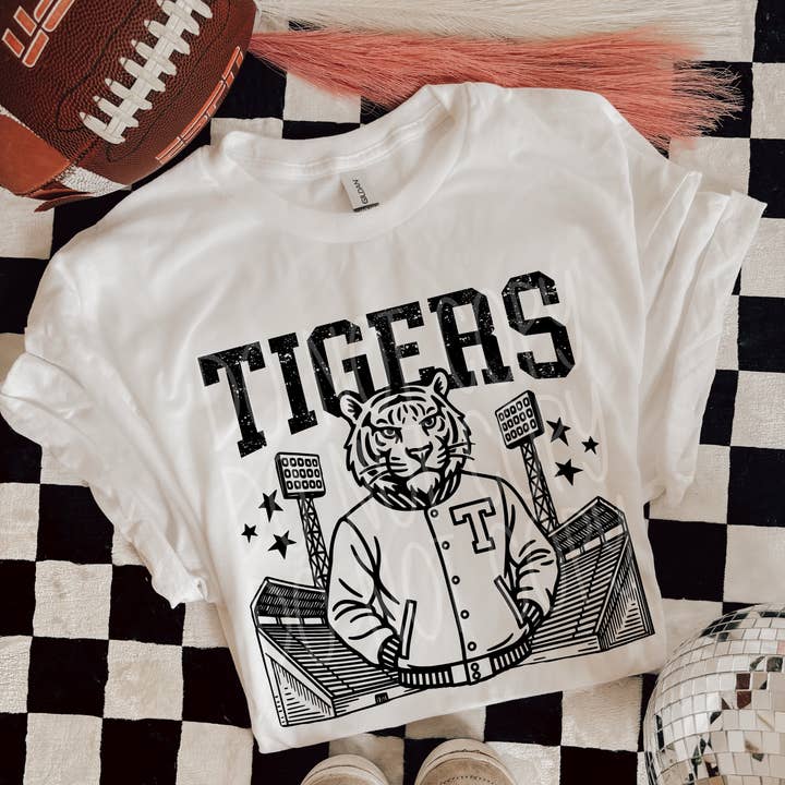 Tigers Letterman Mascot T-Shirt | Trendy School Spirit Shirt | Fast Shipping | Super Soft Shirts for Men/Women/Kid's for wholesale by Red Dirt Transfers