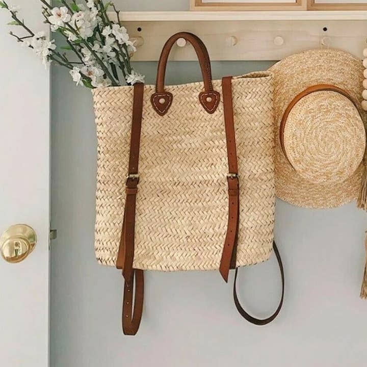 Straw Beach bag with leather strap - Straw backpack - Hipste for wholesale by ProHandmadeDesign