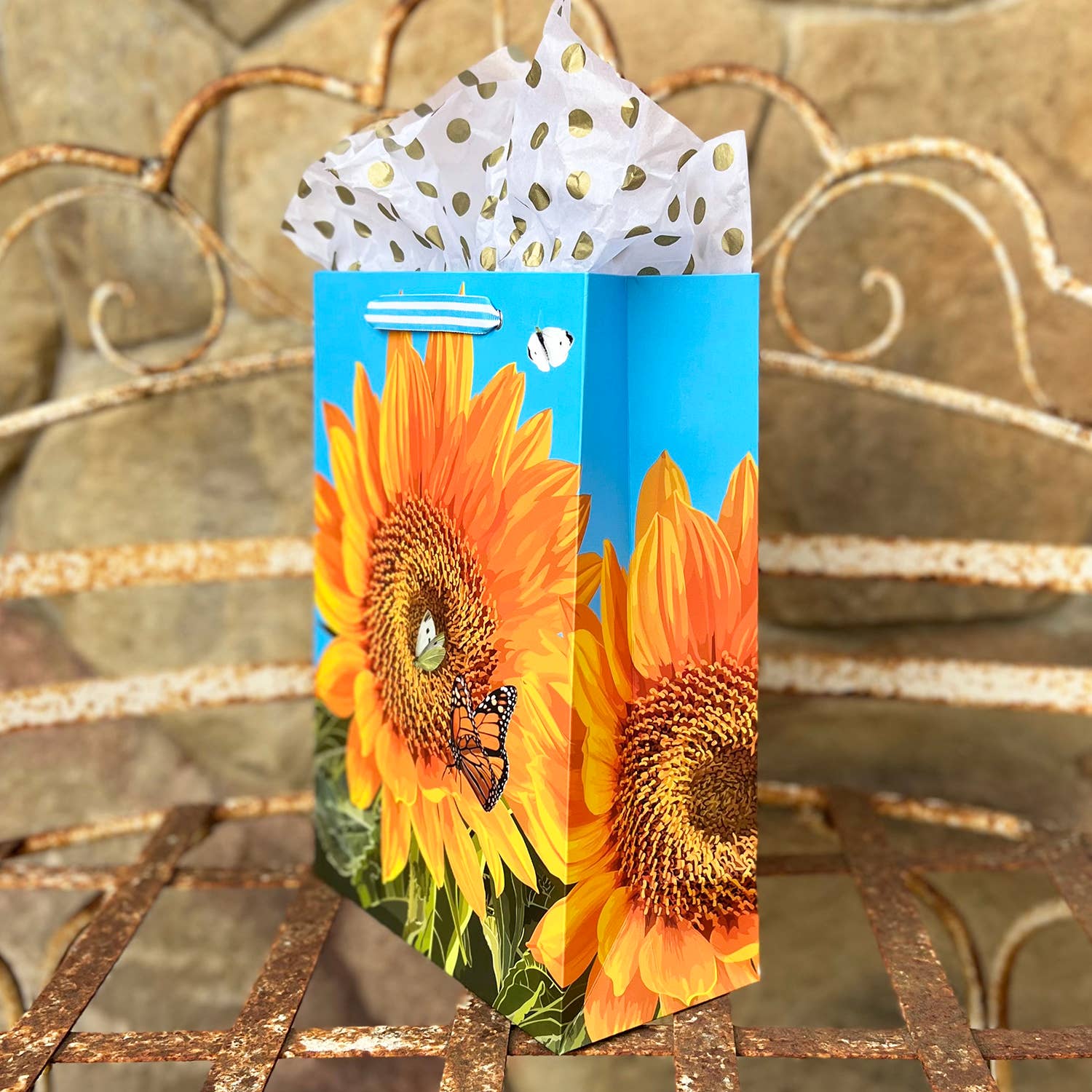 The Red Barn Press - Wholesale Gift Bag - LARGE Floral Gift Bag | Sunflowers and Butterflies on Blue1