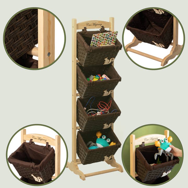 Quickway Imports - Wholesale Free Standing Shelf - 4-Tier Wooden Frame Stand with Woven-Inspired Plastic Basket5