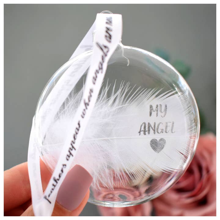 Amaya Rose Ltd. - Wholesale Ornament - MY ANGEL Memory Bauble Glass Round. Real White Feather