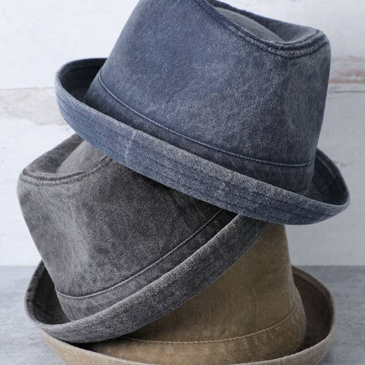 Fashion City - Wholesale Fedora - Women's - Washed Cotton Porkpie Fedora Hat with Folded Brim.
