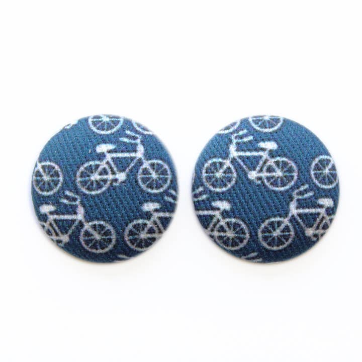 Rachel O's - Wholesale Stud/Post Earrings - Bold 7/8 Inch Tiny Navy Bikes Fabric Button Earrings