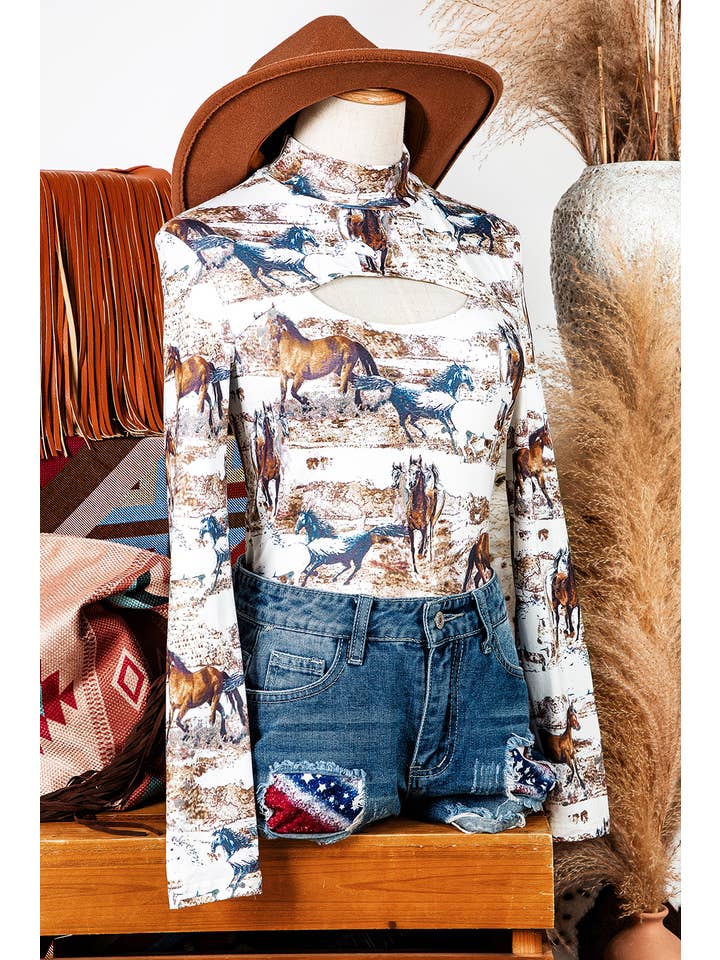 As shown Western Wild Horses Hollow-out High Neck Top Blouse for wholesale on Faire4