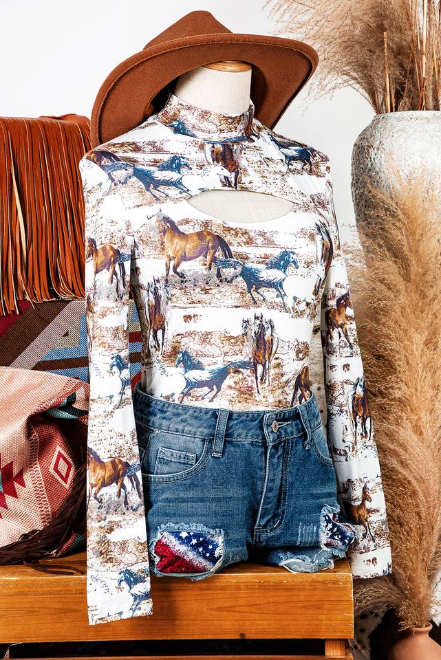 As shown Western Wild Horses Hollow-out High Neck Top Blouse for wholesale on Faire4