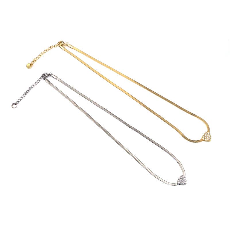 BestBeads&Beyond - Wholesale Pendant/Charm Necklace - Dainty herringbone Chain CZ Heart Necklace, sku#EF2980