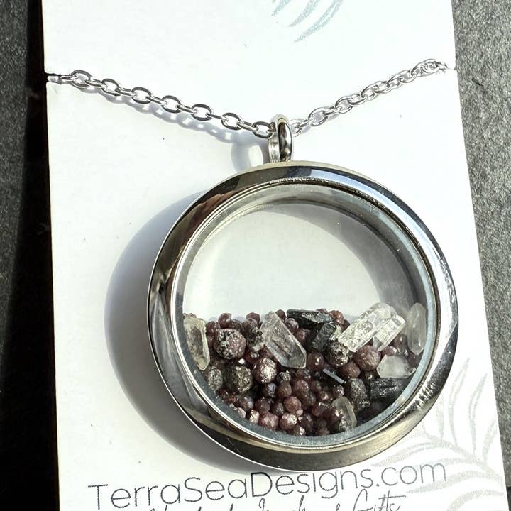 Genuine Quartz, Black Tourmaline & Garnet Locket for wholesale by TerraSeaDesigns