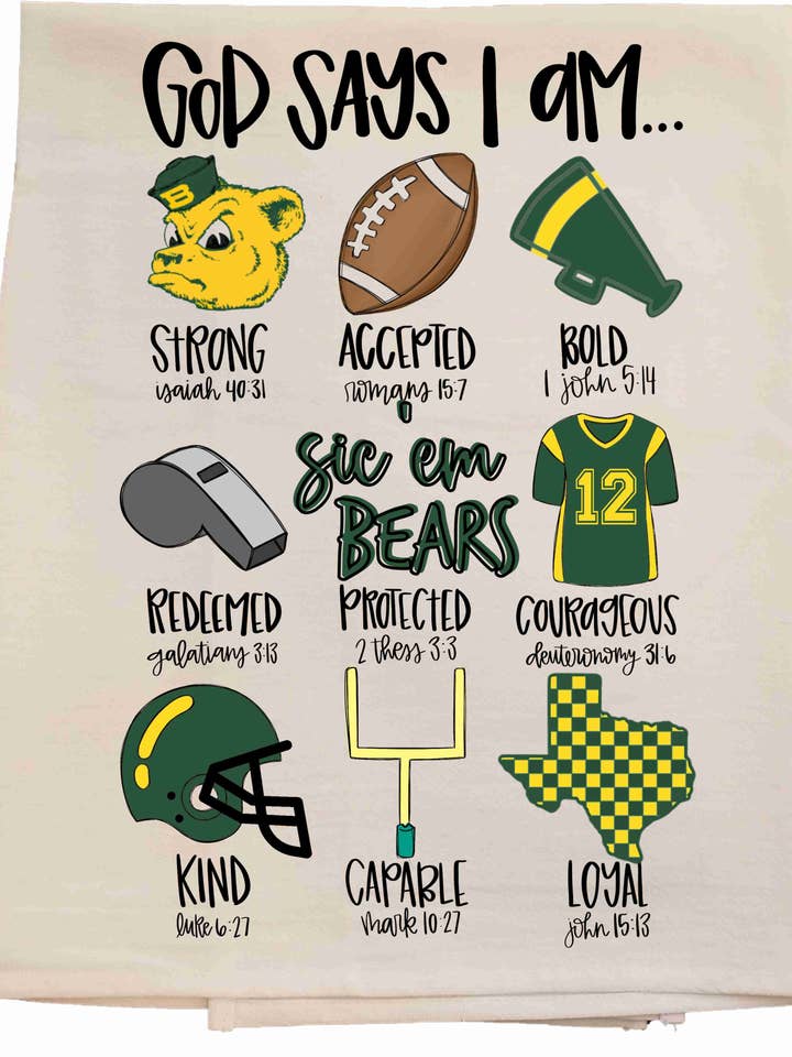Baylor God Says Tea Towel for wholesale by Bunnies and Bows