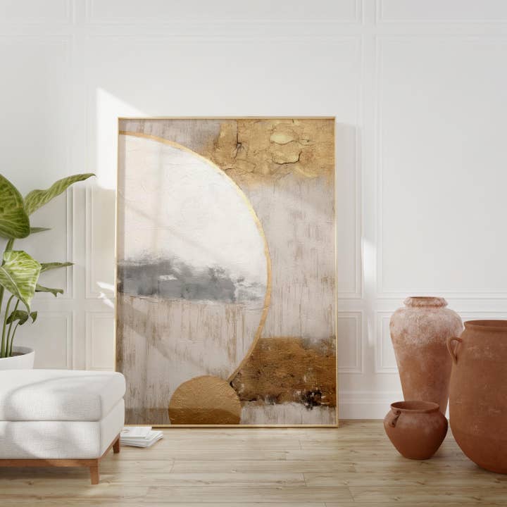 Minimalistischer Zen-Kreis Kunstdruck in Beige & Gold für den Großhandel von Eclectic Dreams Studio