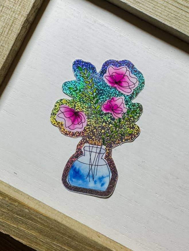 Vase à bouquet floral, aquarelle | Autocollant en vinyle HOLO GLITTER pour la vente par Taylor Martone Art