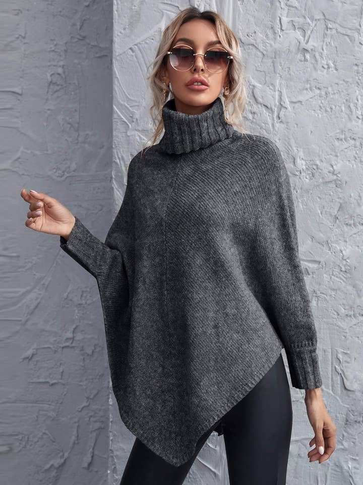 Flarix - Wholesale Knit Sweater - Women's - turtleneck asymmetrical hem poncho sweater4