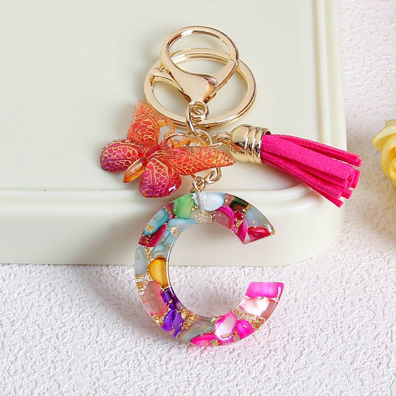 MKS America - Wholesale Keychain - Women's - Glitter Butterfly 26 English Letter Tassel Resin Keychain2