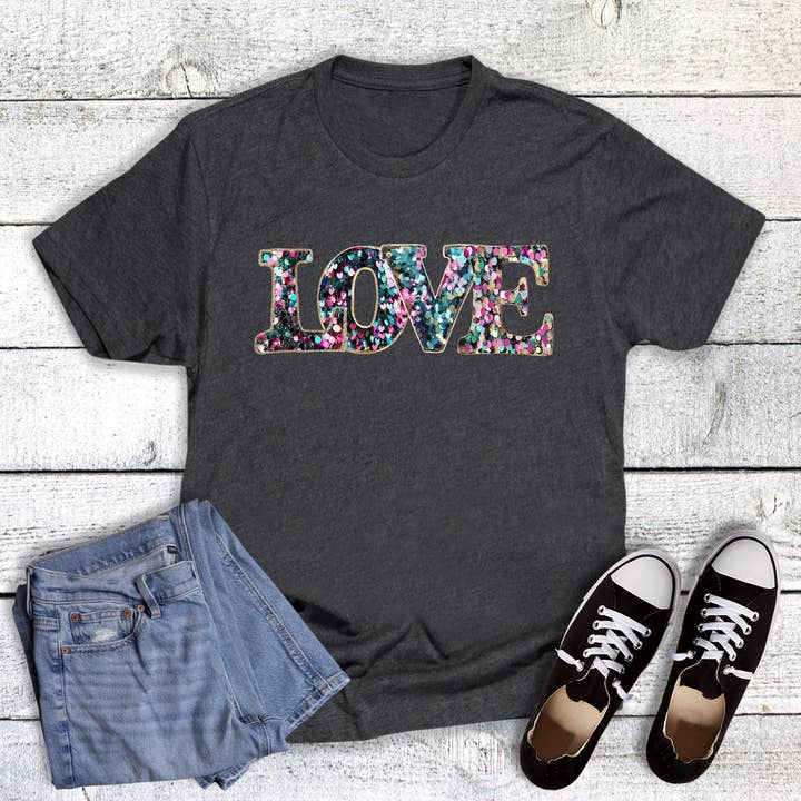 Valentines Faux Sequin Love Graphic Tee for wholesale by Dust and Roots