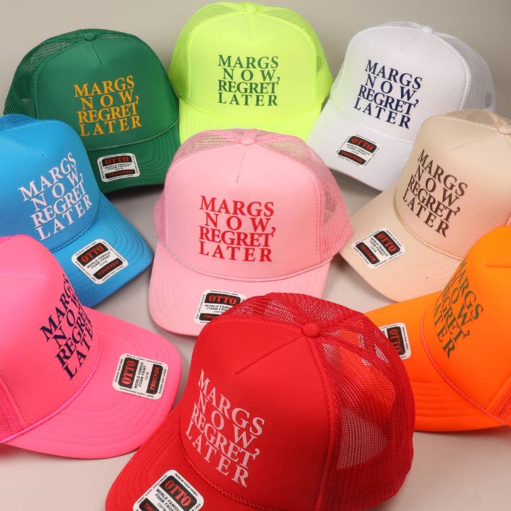 Margs Now, Regret Later Text Printed Mesh Back Cap for wholesale by Fashion City