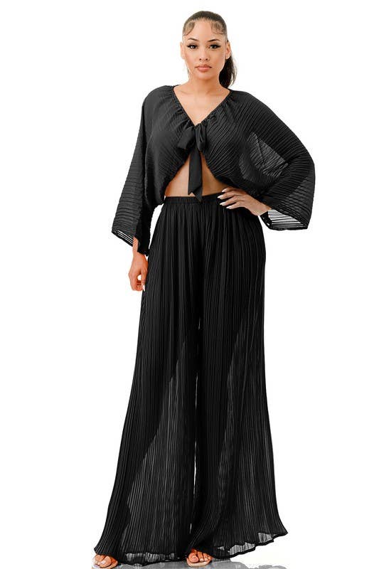 Namatt Design – wholesale Top & pants set (NOT Loungewear) – Women's – Plus Front Tie Billowing Pleated Crop Top & Pants Set0