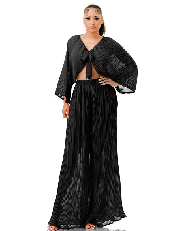 Namatt Design – wholesale Top & pants set (NOT Loungewear) – Women's – Plus Front Tie Billowing Pleated Crop Top & Pants Set