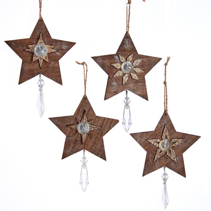 6.25"WOODEN STAR W/DANGLE ORNAMENT 4/ASSTD for wholesale by Kurt S. Adler, Inc.