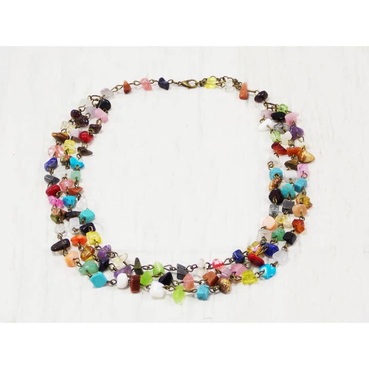 3 Strand Colorful Mixed Gemstone Statement Necklace 22 Inches Summer Everyday Gift for Women for wholesale by Ninolia