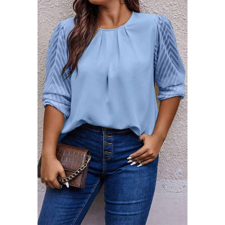 Plus Size Ruched Color Block Round Neck Blouse for wholesale by Elings