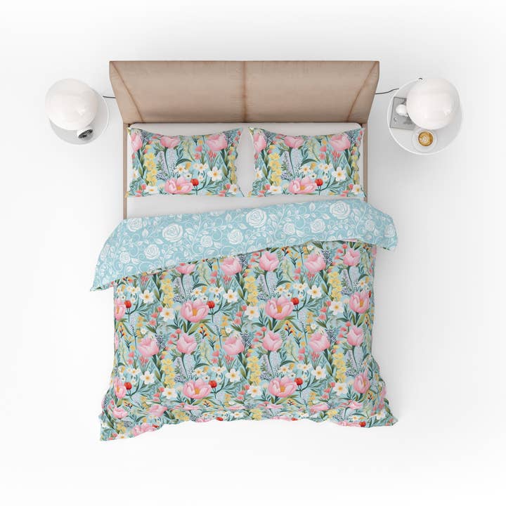 Bohemian Turquoise Pink Rose Floral Cotton Reversible Quilt Cover Set for wholesale by Adore India